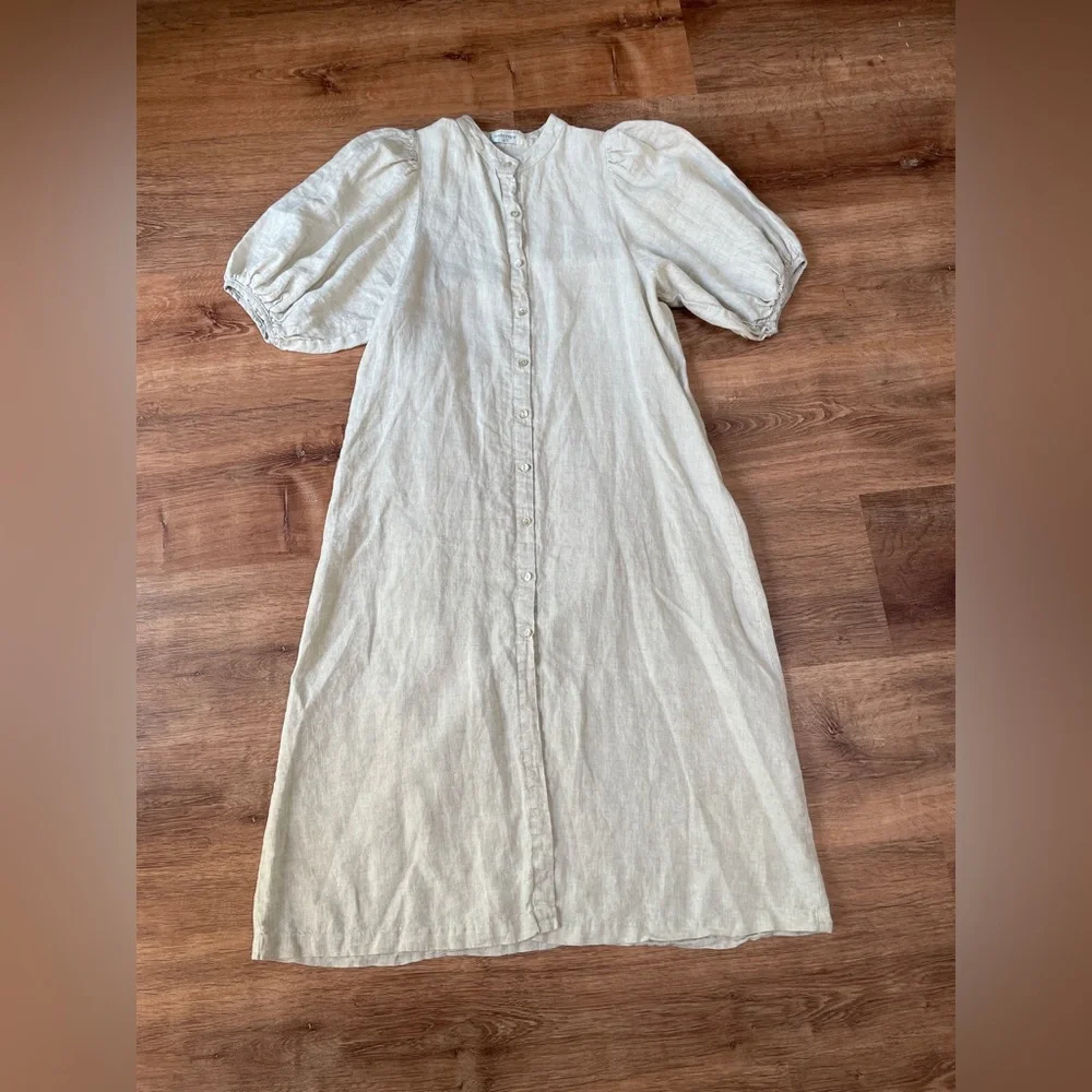 Lanhtropy Bubble Linen dress button down size small natural puff sleeve peasant‎ - Picture 2 of 9